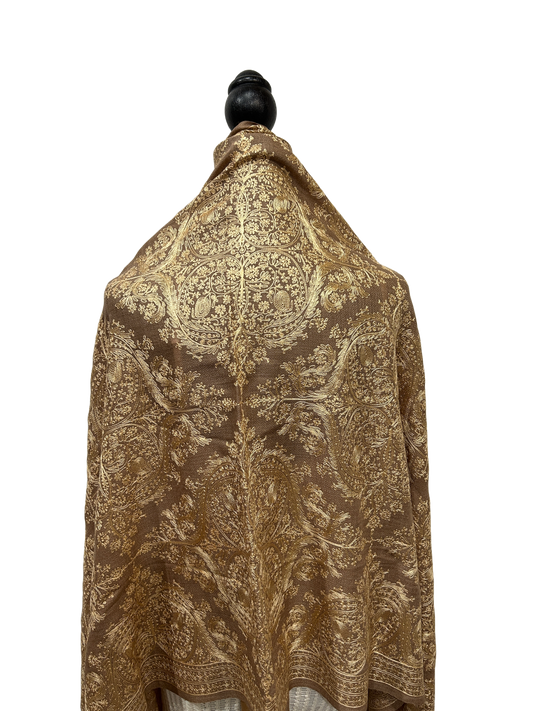 Tan / Gold Pashmina - Embroidered