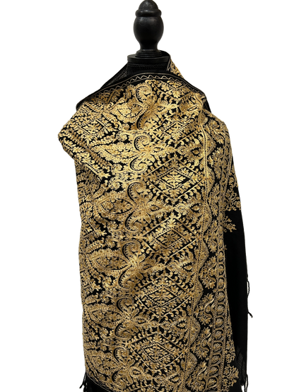 Black and Gold Pashmina  - Embroidered